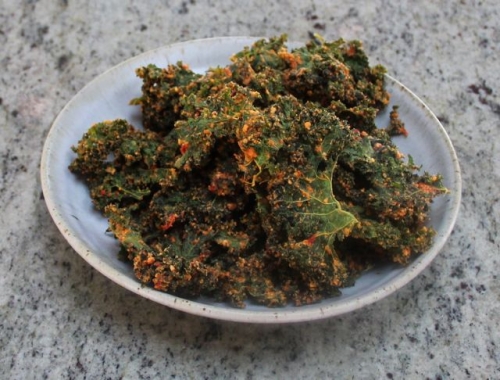 Kale Chips with Cashews and Dehydrated Tomatoes