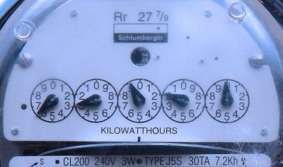 Electric meter showing kilowatt hours (credit Velo Steve)